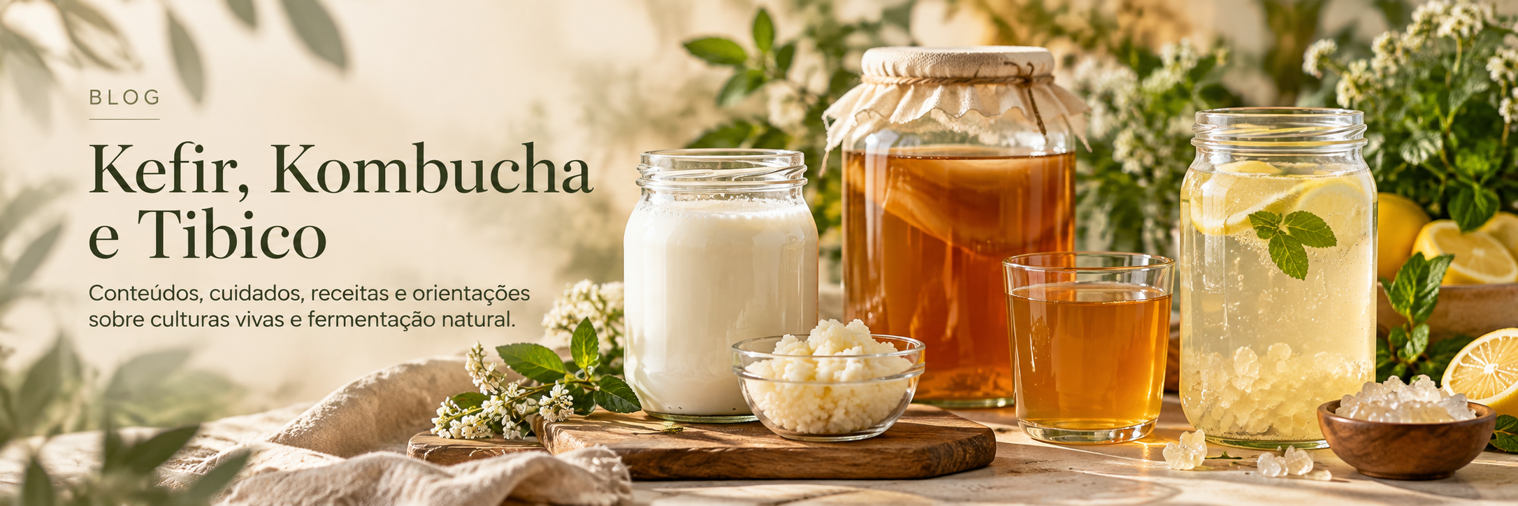 Banner do blog Kefir & Kombucha com kefir de leite, kombucha e tibico (kefir de água) em recipientes de vidro, sobre uma bancada com elementos botânicos.